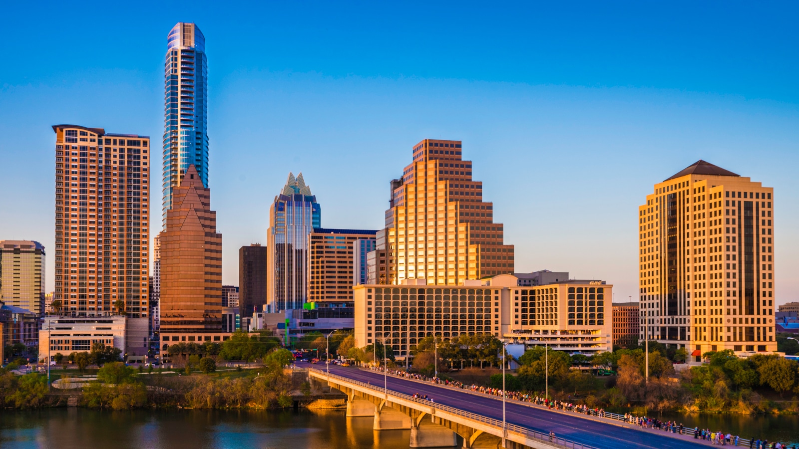 Austin Texas Cityscape Skyline Panorama, Congress Avenue Bridge, Late Afternoon